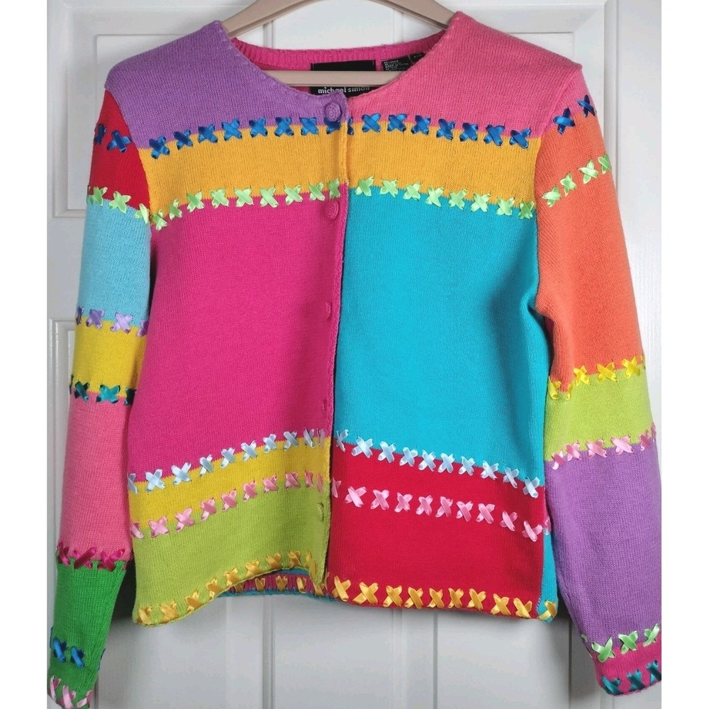Vintage Michael Simon Patchwork Cardigan Women's P/S Artsy‎ Colorful Ribbon